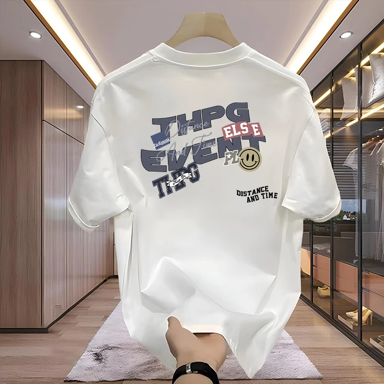 【品质男装】夏季男士新疆棉纯棉印花T恤打底衫宽松白t圆领高奢短袖