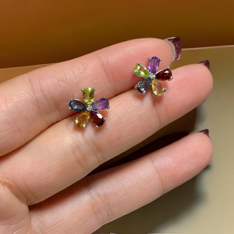 天然水晶多彩多财多宝款耳钉银耳饰精致耳饰多巴胺减龄耳钉