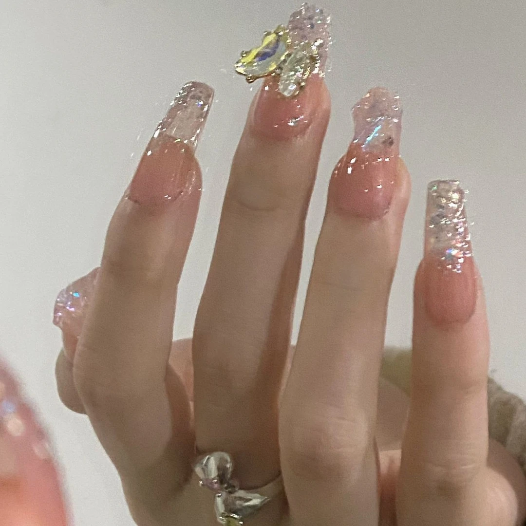 NAIYOUZHU【极光蝴蝶】手工穿戴甲美甲贴片中长款爆闪假指甲