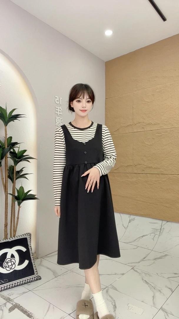 孕妇装秋季新品条纹拼接假两件长袖孕妇连衣裙-61667