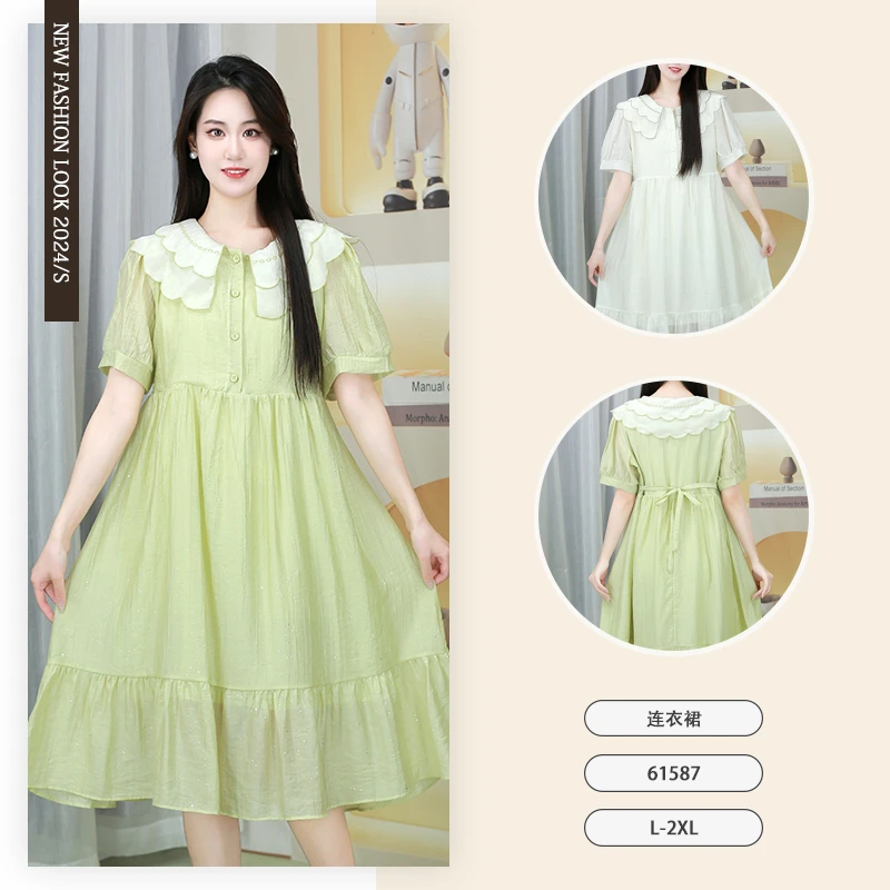 孕妇装夏季新款花边时尚宽松娃娃领甜美小清新中长款连衣裙-61587