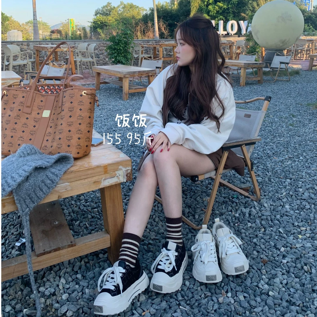 【金属扣】厚底系带帆布女鞋2024新款百搭休闲做旧脏小白鞋防滑