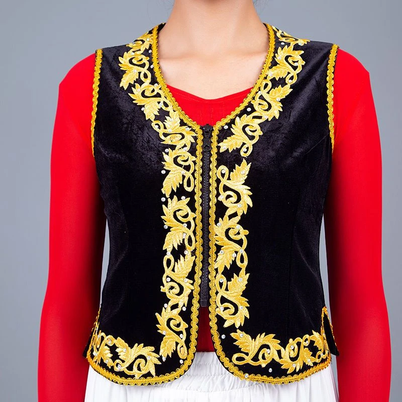 新疆马甲舞蹈服维吾尔族演出贴花女士短黑色外套带钻金丝绒女坎肩