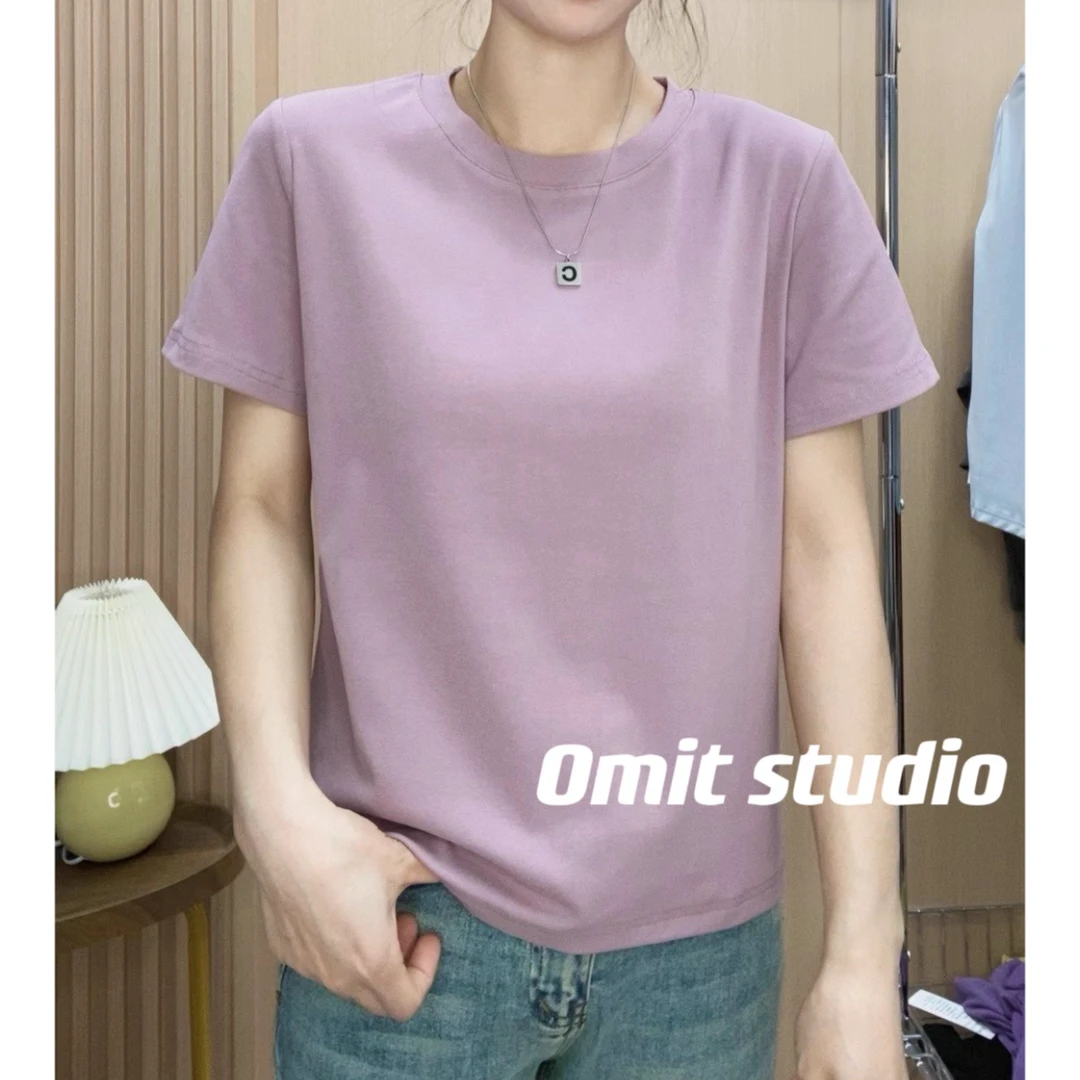 【纯色T-1】夏季新款弹力棉纯色正肩简约清新修身百搭显瘦短袖