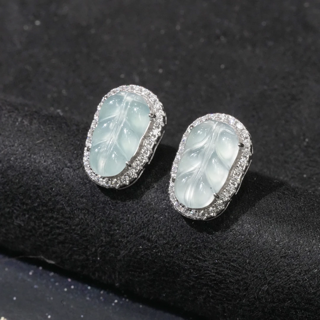 天然A货翡翠叶子耳饰耳钉多样性发一对1时尚气质精致百搭豪镶设计