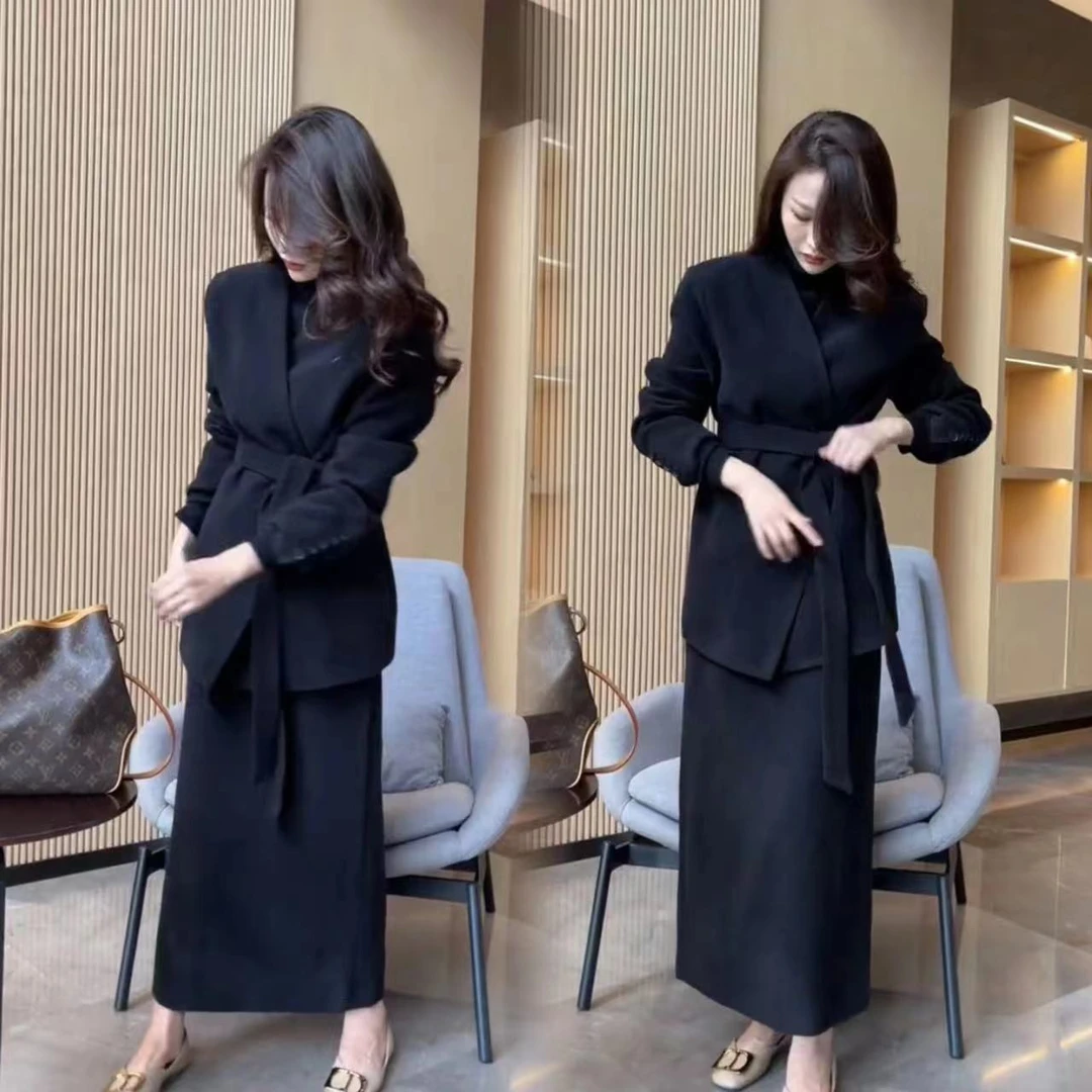 小个子气质西装套装女2024秋冬新款韩版系带收腰显瘦半身裙两件套