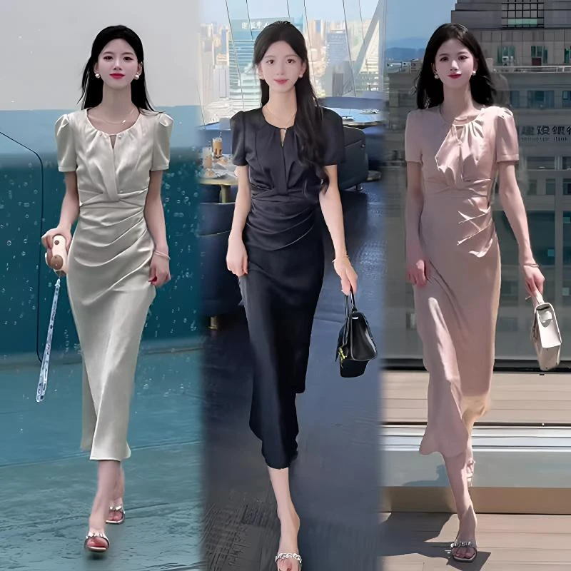 网红爆款抽褶设计感修身显瘦裙子早秋新款职业OL时尚轻奢连衣裙女