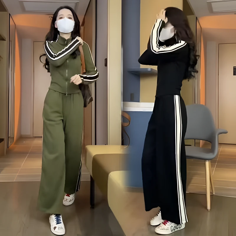 网红爆款时尚休闲套装女秋新款长袖开衫卫衣立领显瘦阔腿裤两件套