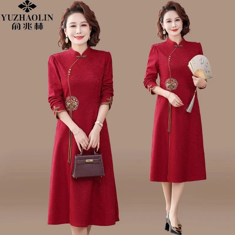 洋气日常中式新款连衣裙喜婆婆喜妈妈婚宴装中老年女装春秋装裙子