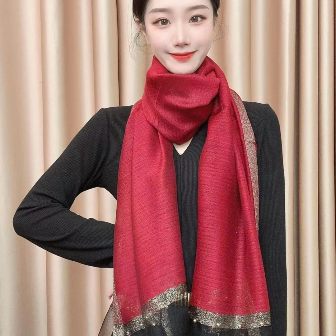 S-34-13 桑蚕丝羊毛65x175左右钉珠款围巾酒红色