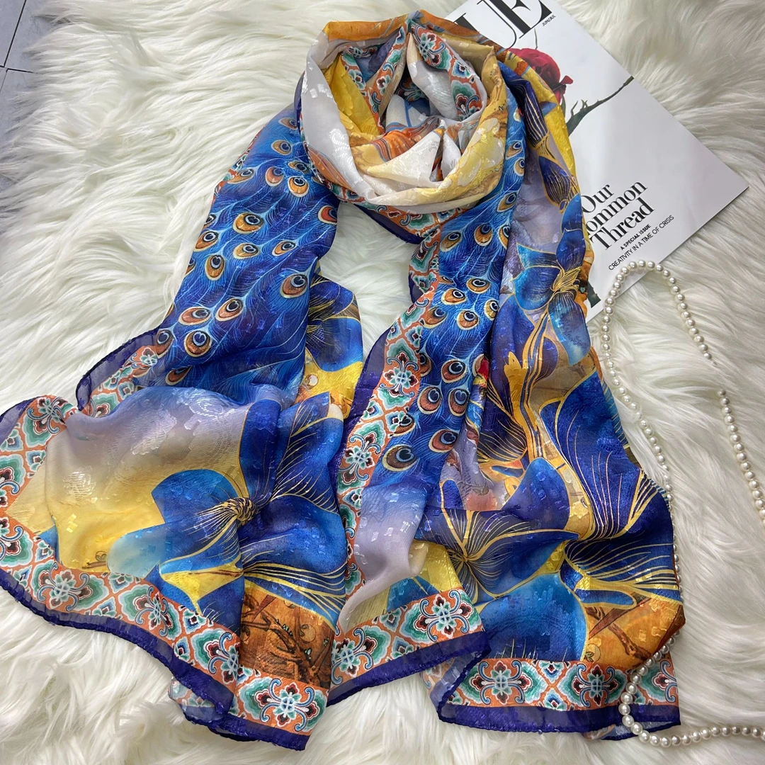 xys-403 【孔雀】提花 薯莨纱 新中式剪花轻奢国风丝巾 180*70