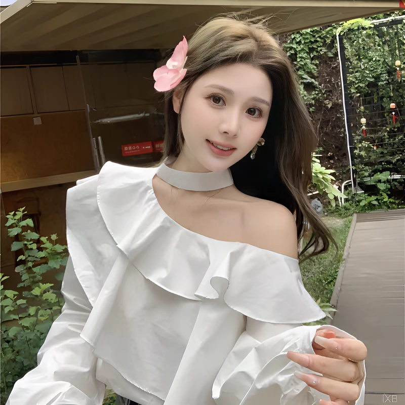 露肩上衣法式春季显瘦24荷叶边纯色衬衣20小众遮肚子泡泡袖衬衫女