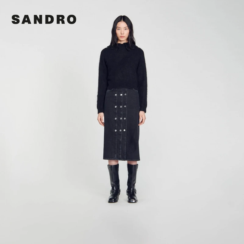 抖音双11|SANDRO新款黑色套头娃娃领长袖针织衫上衣SFPPU02041