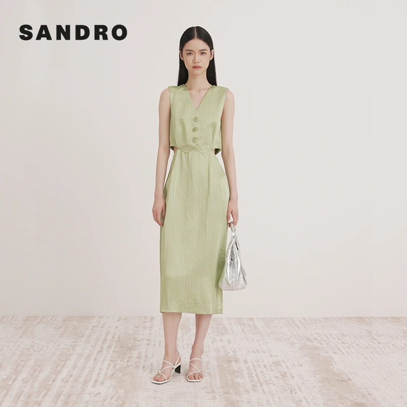 【欧若风】SANDRO春秋新款女装高级感条纹镂空连衣裙SFPRO03543