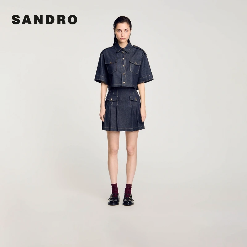 【下架】SANDRO新款女装法式撞色线条短款翻领牛仔外套SFPCM01156