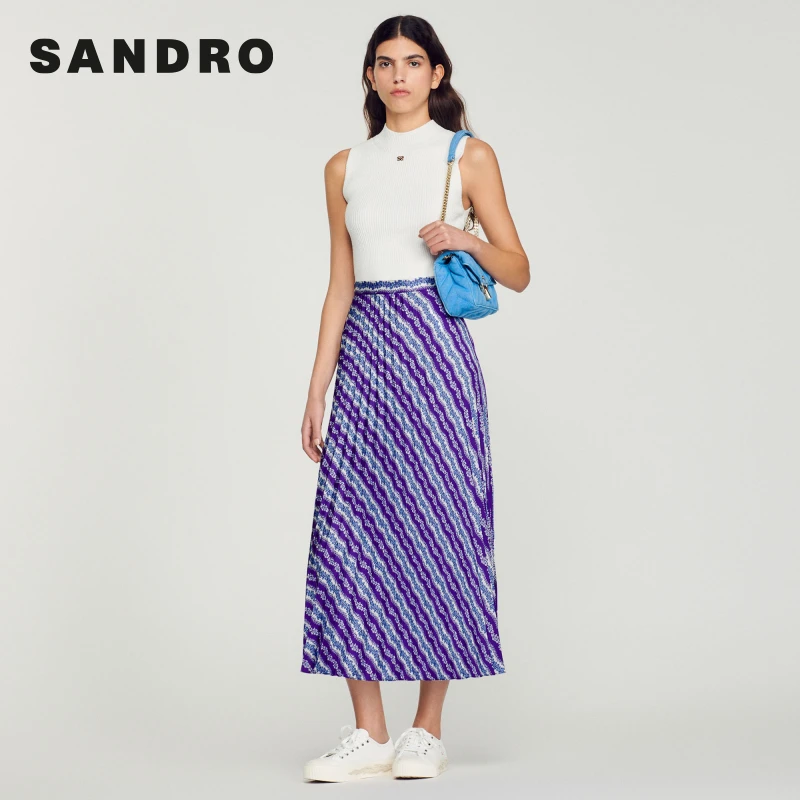 商场同款|SANDRO早秋女装紫色条纹百褶A字半身裙长裙SFPJU00884