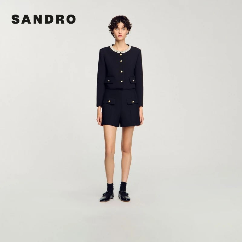 抖音双11|SANDRO2025早秋新款扣饰黑色简约高腰短裤SFPSH00430