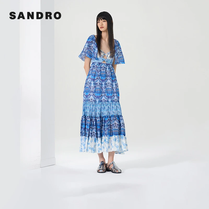 商场同款|SANDRO女装优雅拼接度假风气质长款连衣裙SFPRO02896