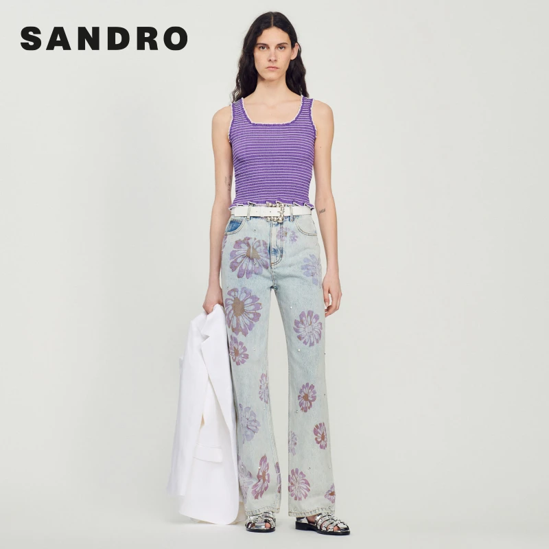 【搭搭专属】SANDRO女装法式紫色条纹针织修身吊带背心SFPTS01228