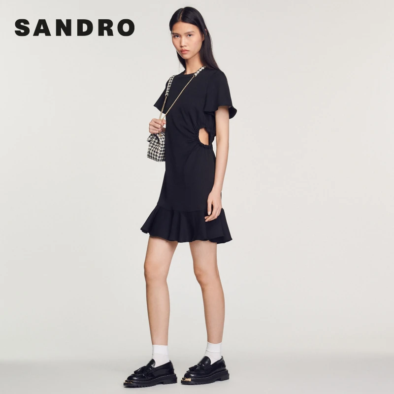 【过季款下架】SANDRO风感波粒收褶镂空荷叶边飘逸连衣裙SFPRO02477