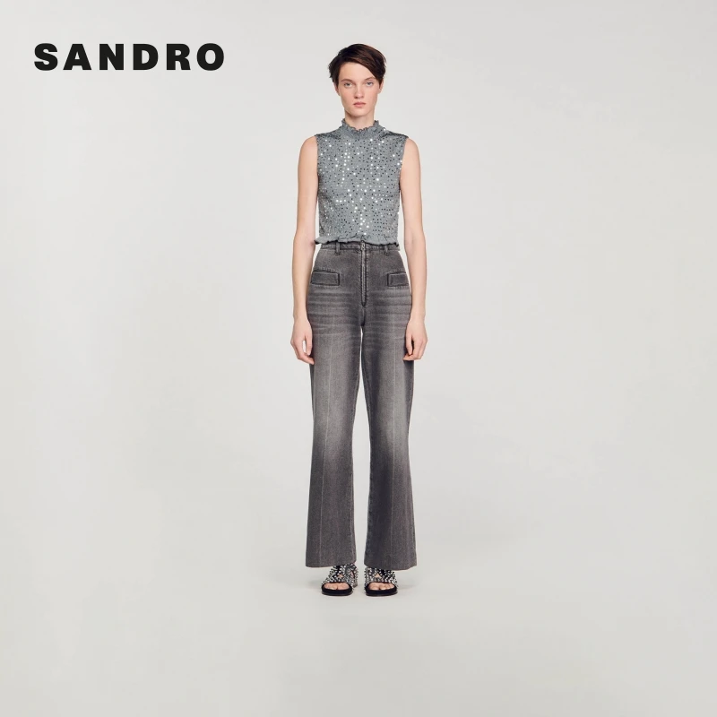 SANDRO秋冬新款女装法式花边领亮片收腰无袖针织衫SFPTS01438