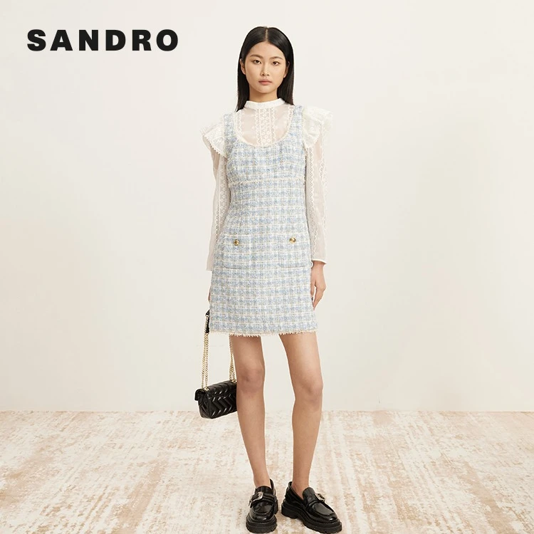SANDRO秋冬女装法式优雅格纹气质吊带花呢短款连衣裙SFPRO03464
