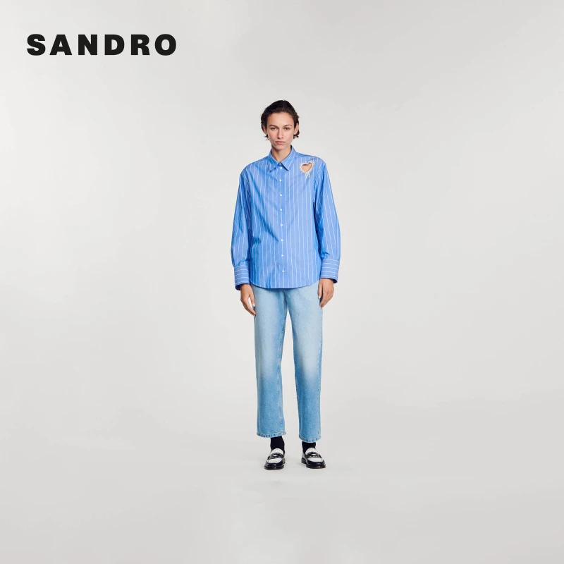 博主同款|SANDRO新款女装法式高级感镶仿钻条纹衬衫SFPCM01040