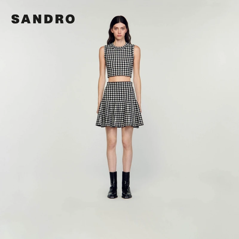 【搭搭专属】SANDRO风感波粒法式黑白撞色千鸟格马甲SFPPU02029