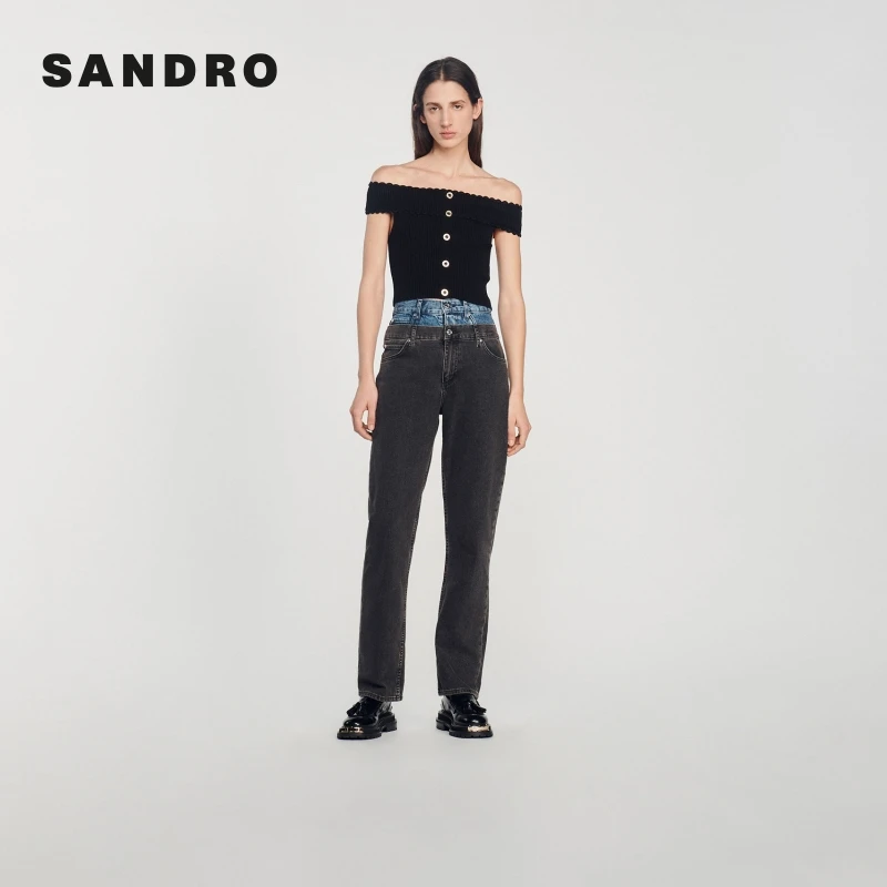 SANDRO春秋女装法式花边一字肩甜美短款针织衫内搭上衣SFPPU01758