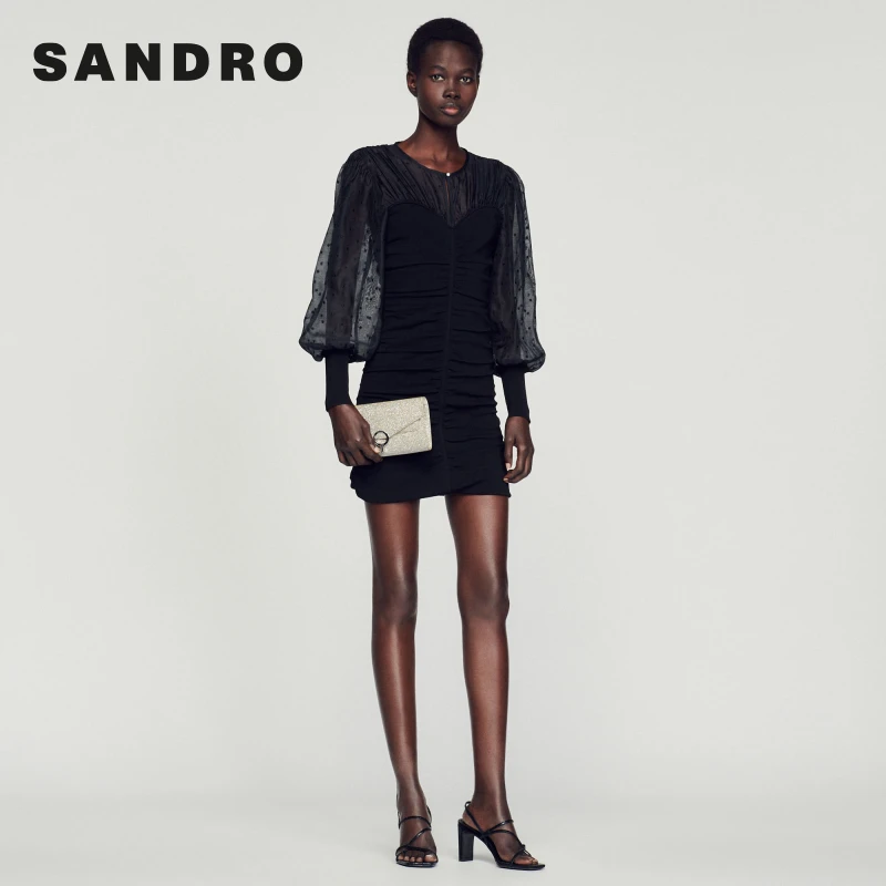 SANDRO春夏女装高级感泡泡袖微透修身黑色连衣裙短裙SFPRO02694