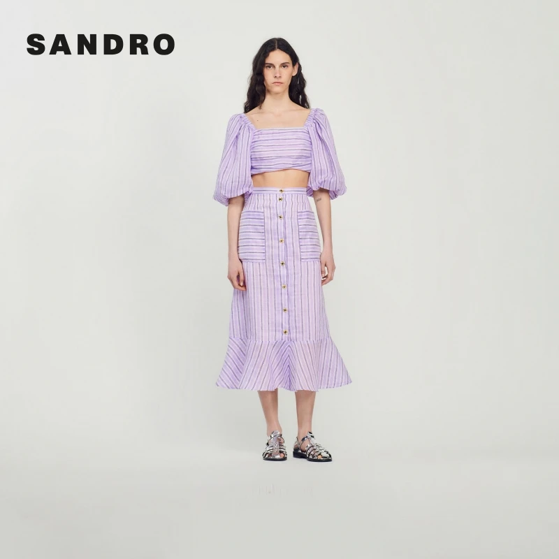 【待】SANDRO春秋新款女装多巴胺紫色条纹高腰A字半身裙SFPJU00834