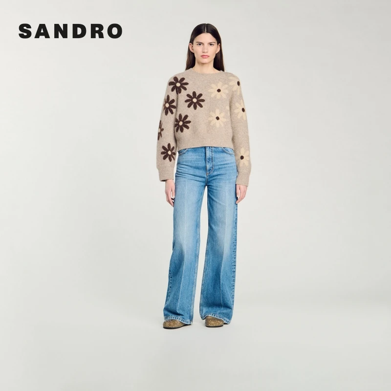 商场同款|SANDRO秋冬新款女装花卉撞色图案圆领针织衫SFPPU02058