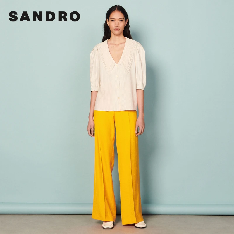 【过季款下架】SANDRO女装针织气质亚麻条纹V领衬衫SFPCM00587