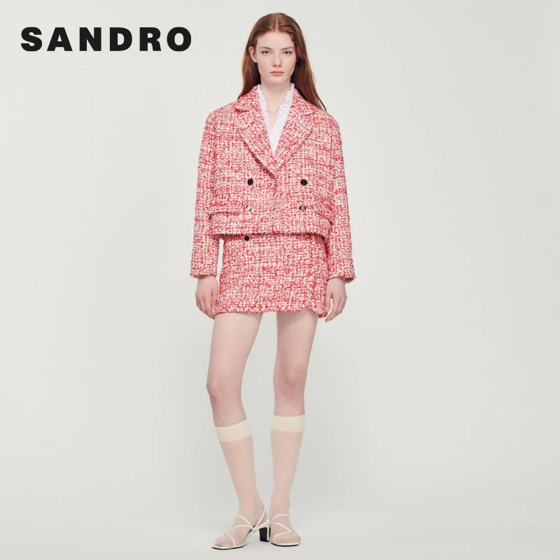 【待】SANDRO秋冬女装时尚法式气质粗花呢短外套上衣SFPVE00796