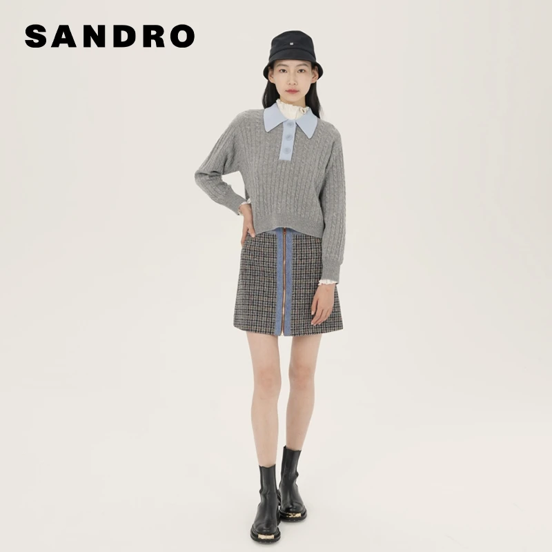 【过季款下架】SANDRO女装时尚粗花呢牛仔格纹短款半身裙SFPJU00752