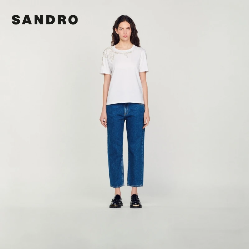 SANDRO春秋新款女装圆领串珠装饰白色简约棉质短袖T恤SFPTS00329