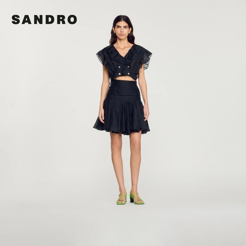 【待】SANDRO女装黑色褶皱亚麻混纺荷叶边A字短款半身裙SFPJU00819