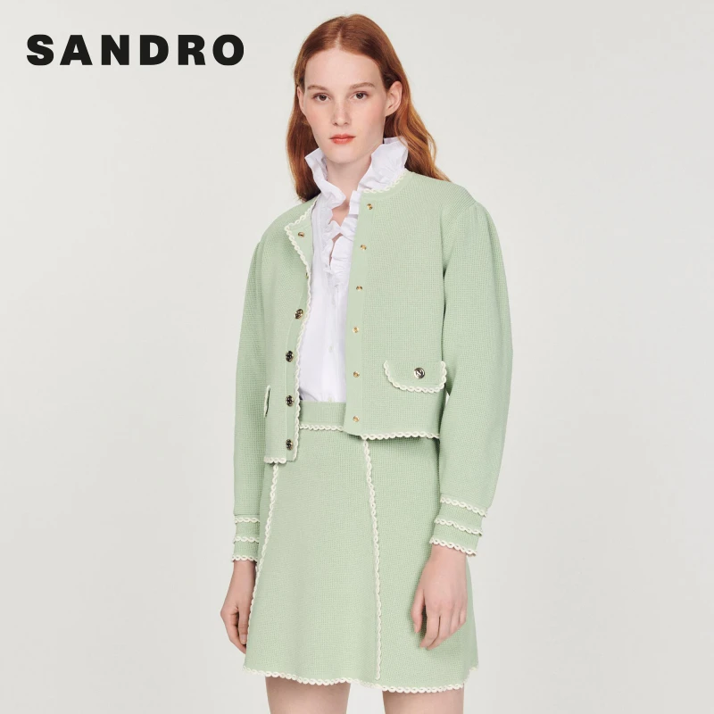 【搭搭专属】SANDRO女装马卡龙绿色修身针织花边半身裙SFPJU00675