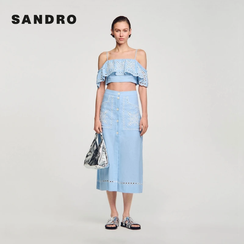【欧若风】SANDRO春秋新款女装镂空花朵高腰半身长裙SFPJU01154