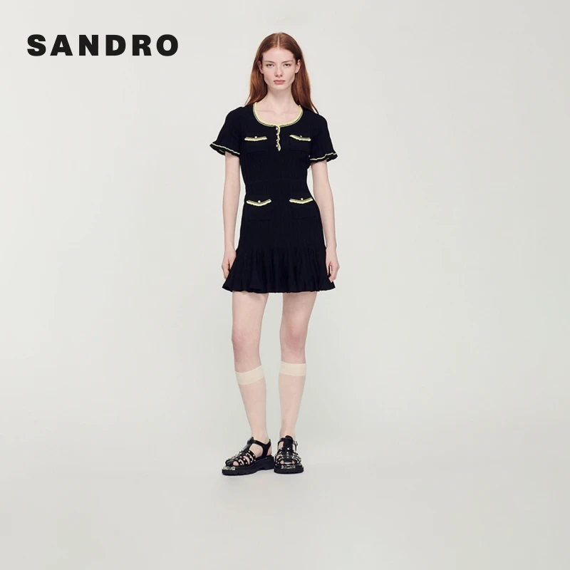 【搭搭专属】SANDRO女装高级感针织微喇黑色连衣裙SFPRO02771