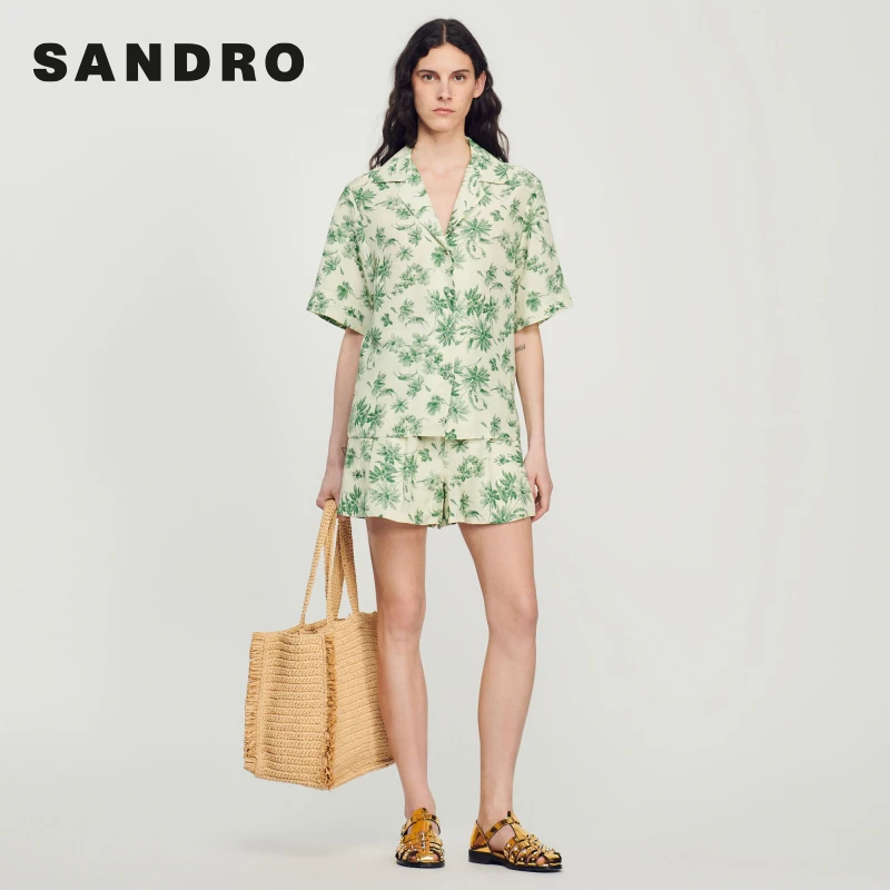 【暂下架】SANDRO女装度假风亚麻翻领宽松印花短袖衬衫SFPCM00914
