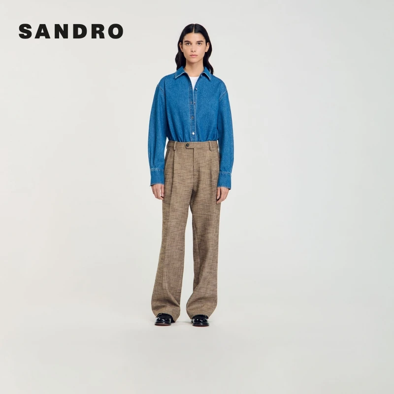 SANDRO女装法式美拉德穿搭气质通勤格纹休闲直筒西装裤SFPPA01601