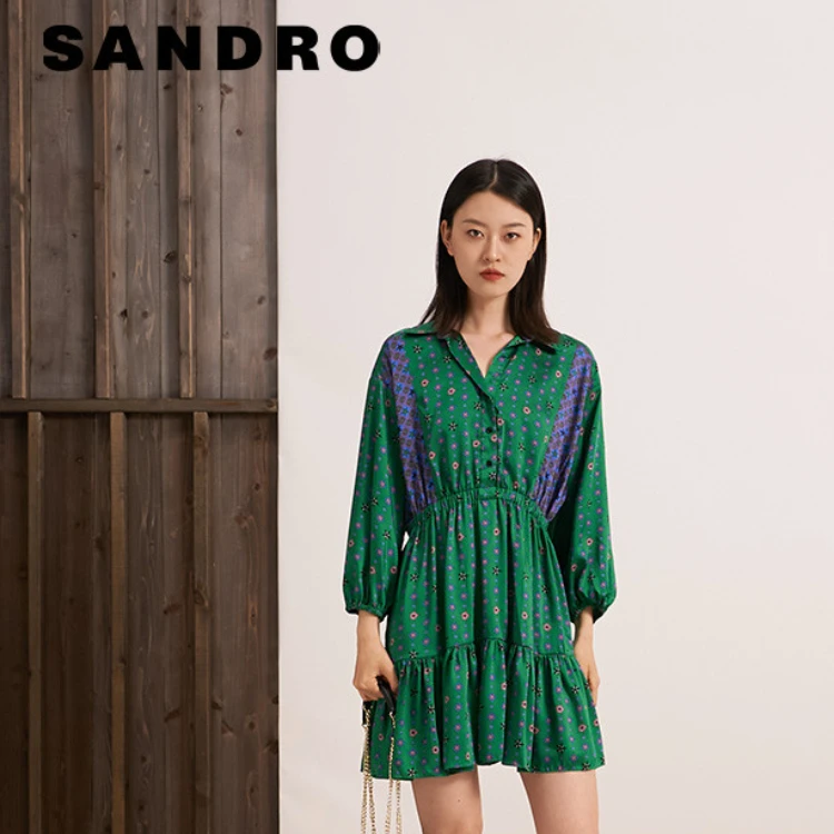 【一秒入夏】SANDRO春夏女装气质绿色收腰衬衫领连衣裙SFPRO03256