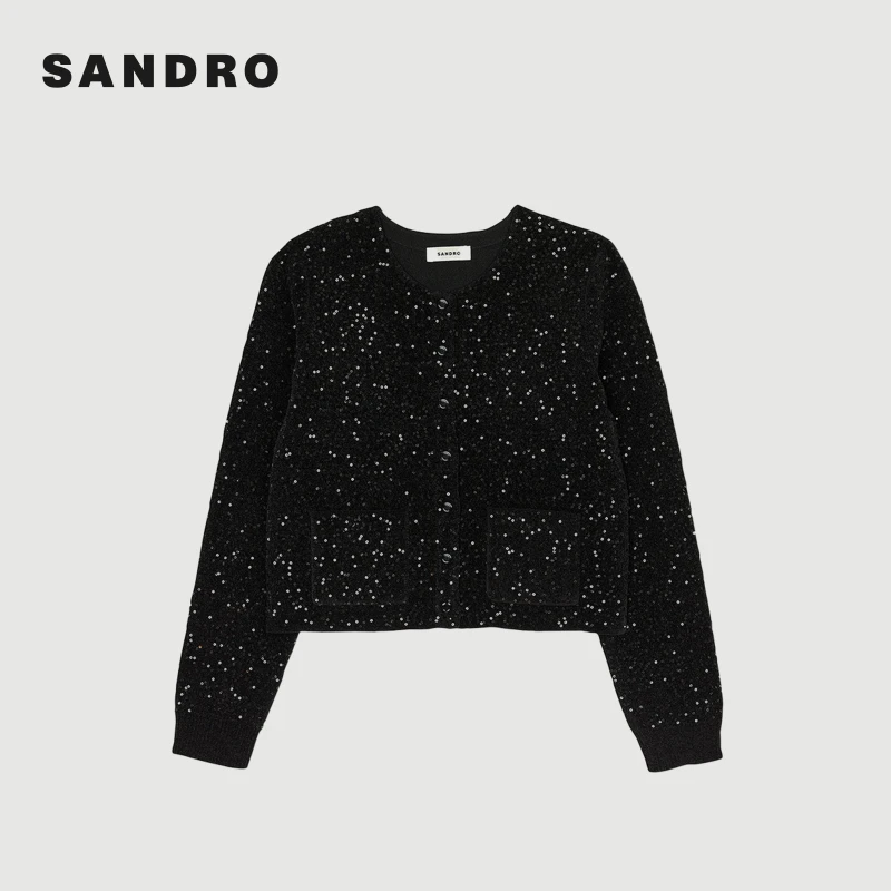 【下架】SANDRO秋冬女装法式优雅亮片装饰黑色针织上衣SFPCA01107