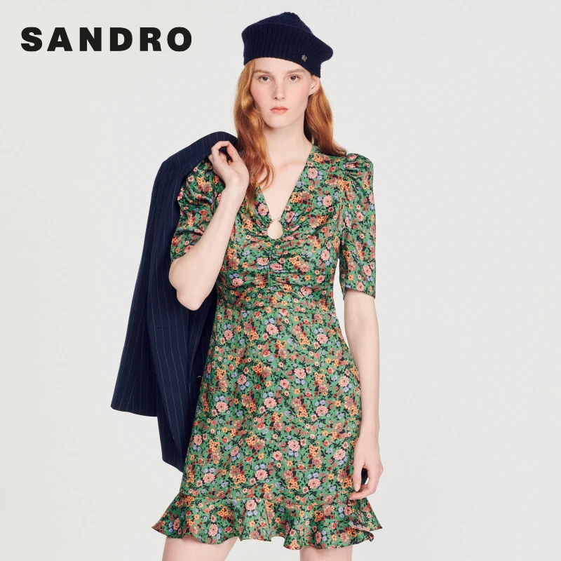 【搭搭专属】SANDRO女装V领荷叶边通勤短款连衣裙SFPRO02471