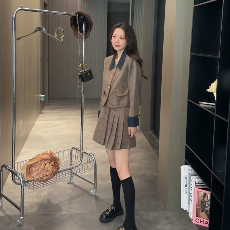 早秋新款气质小香风拼接翻领咖色粗花呢外套高腰百褶裙两件套装女