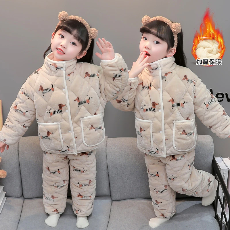 儿童睡衣冬季法兰绒女宝立领三层加绒加厚女孩套装冬款女童家居服