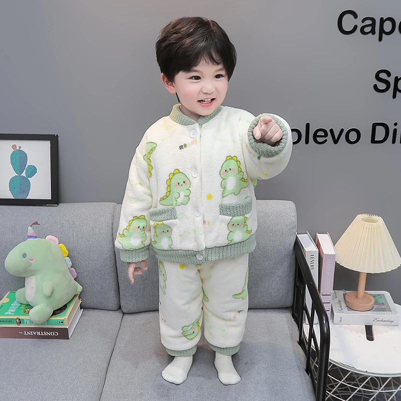 儿童珊瑚绒睡衣男童秋冬加绒加厚款男孩宝宝法兰绒家居服恐龙套装