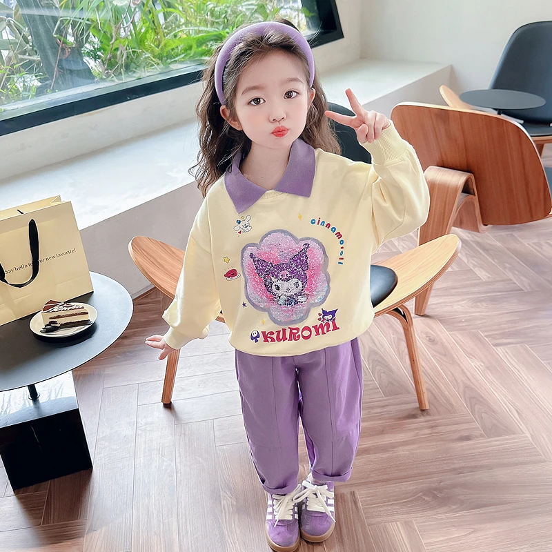 幼儿变色图案工装两件套春秋季休闲女孩库洛米玉桂狗卫衣套装洋气