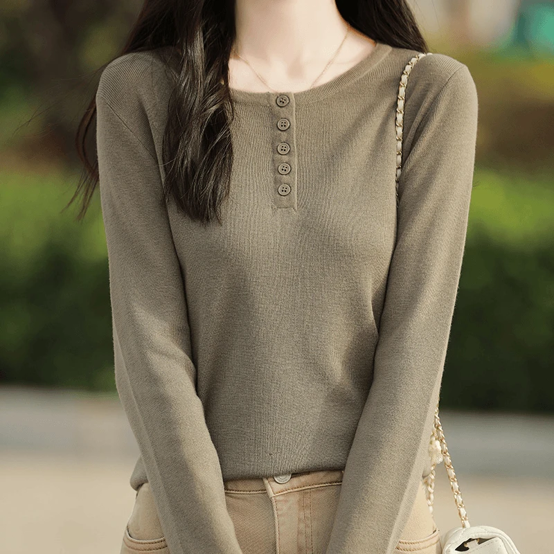 春秋新款精纺羊毛衫女士宽松洋气半开领毛衣短款内搭针织打底上衣